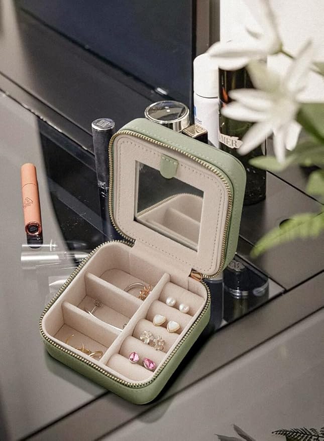 S.Leaf Mini Jewelry Case - Portable Travel Jewelry Box for Women (01 Lychee Sage Green)