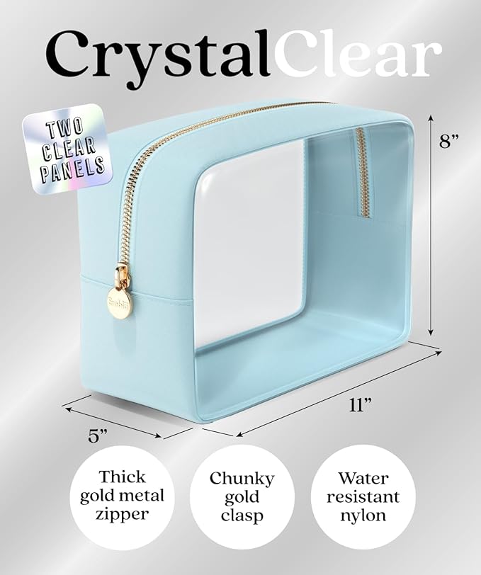 Clear Makeup Bag Zipper Pouch, Transparent Cosmetic Case Organizer, TSA Approved Travel Toiletry Case, Travel Accessories Essentials Makeup Tote for Women, Large Cute Make up Bag for Purse - Sky