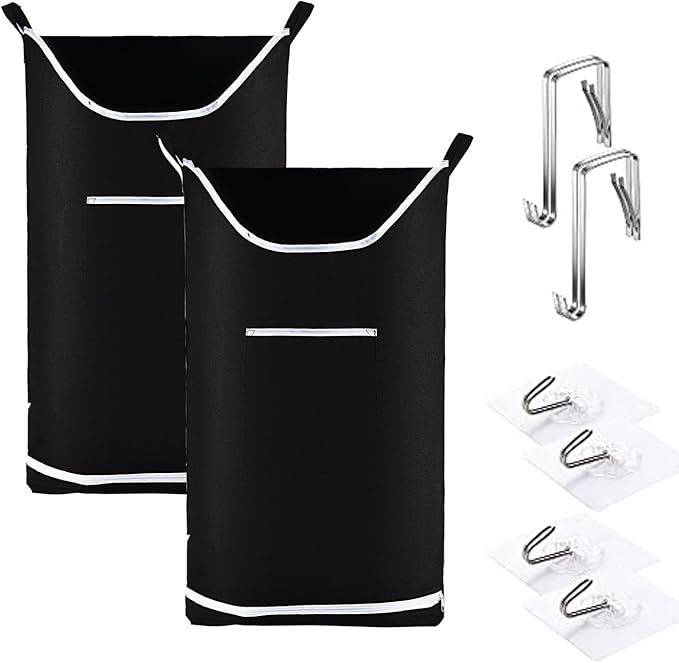 Hanging Laundry Hamper Bag Behind Door Hampers for Laundry Hanging Save Space Zipper Laundry Hamper Door Hanging with 2 PCs Stainless Steel Hooks Suction Hooks for Wall/Bathroom (Black-2Pack)