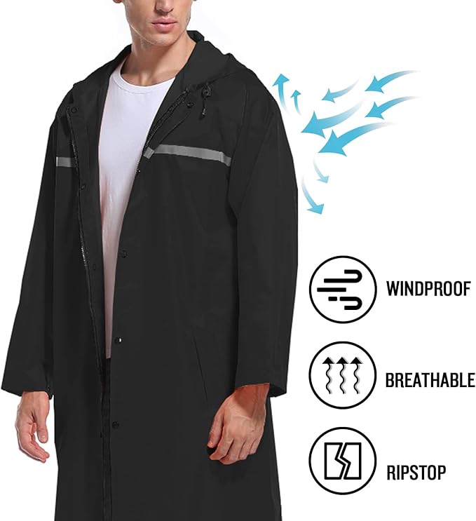 Mens Long Hooded Safety Rain Jacket Waterproof Emergency Raincoat Poncho