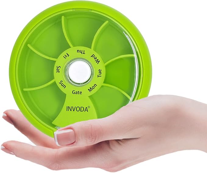 INVODA Weekly Pill Organizer 7 Compartment Rotating Pill Box for Daily Medication & Vitamins - Portable Travel Pill Case Fish Oil Supplements Vitamins Organizer (Green+Bag)