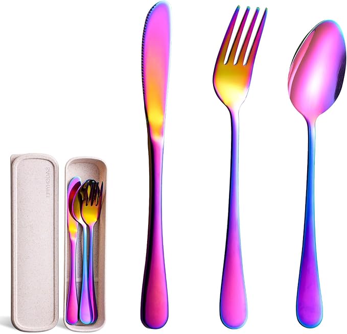 Portable Utensils Set with Case, 4pcs Stainless Steel Reusable Silverware for Lunch Camping School Picnic Workplace Travel, Lunch Box Includ Fork Spoon Knife,Easy to clean,Dishwasher Safe(Rainbow)