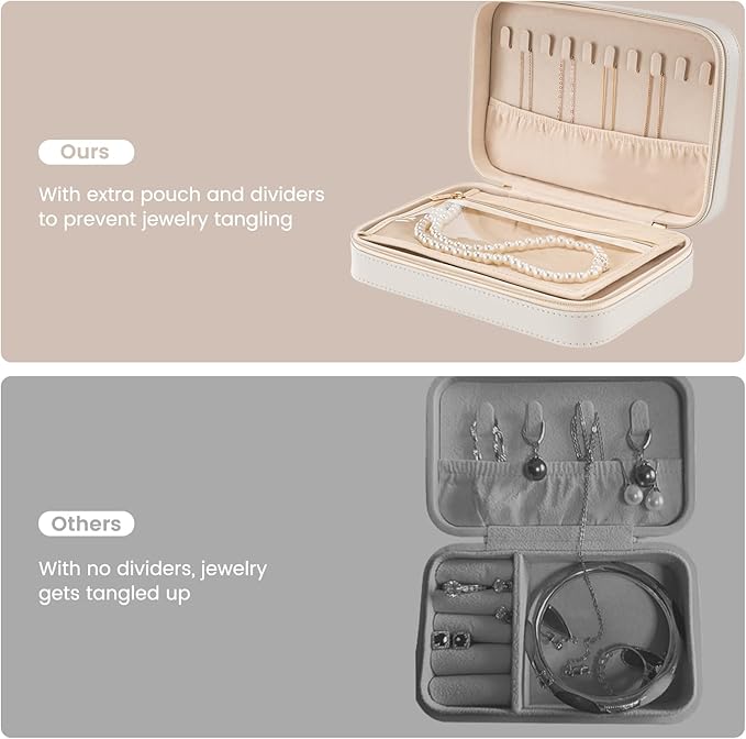 Lolalet Travel Jewelry Case for Women, Travel Jewelry Organizer Box with Mirror & Clear Storage Bag, Small Portable Traveling Earring Necklace Bracelet Ring Case, Bridesmaid Gifts -Medium, White
