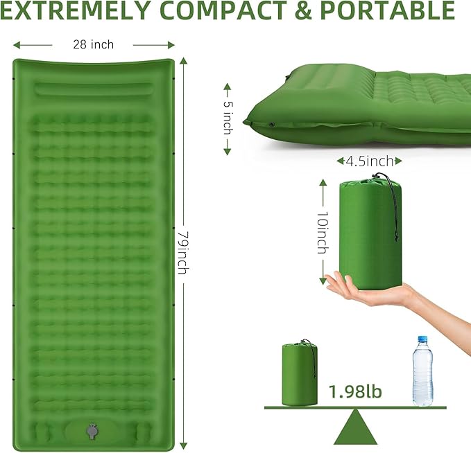 Camping Sleeping Pad, Extra Thick 5 Inch Camping Mat with Pillow Built-in Foot Pump Inflatable Sleeping Pads Compact for Camping Backpacking Hiking Traveling Tent（Green）