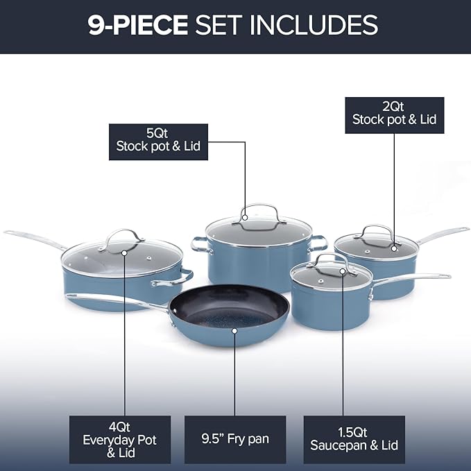 Nuwave Healthy Duralon Blue Ceramic Nonstick Coated 9pc Cookware Set, Scratch-Resistant Diamond Infused, PFAS Free, Induction Ready & Evenly Heats, Oven Safe, Tempered Glass Lids