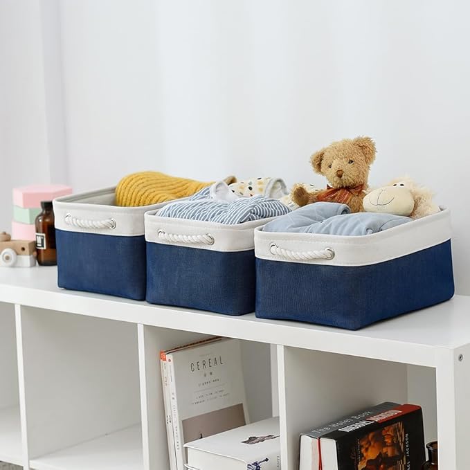 TheWarmHome Storage Basket for Organizing - Medium 3 Pack 14x10x7 inch Fabric Storage Cubes for Shelves with Rope, Collapsible Storage Bin for Organizer Closet Cloth Gift Toy (White & Jean Blue)