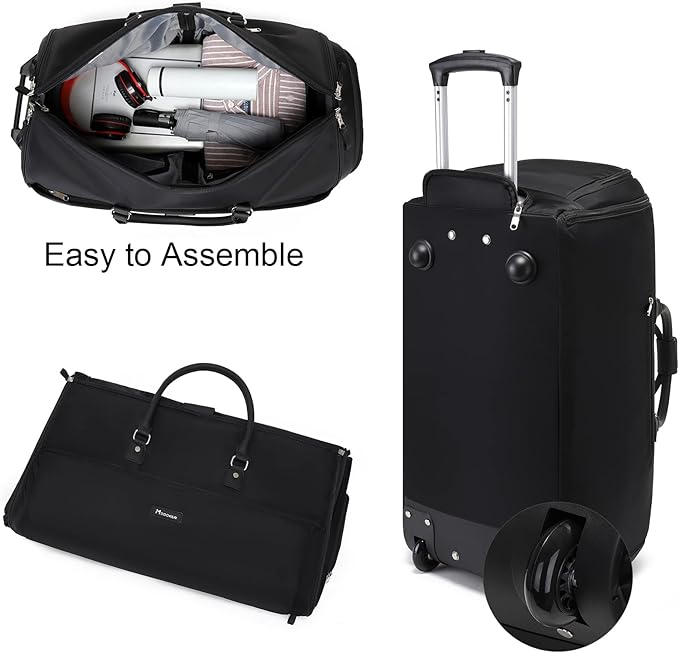 Modoker Rolling Garment Bags, Large Garment Duffle Bag with Wheels, 3 in 1 Garment Suit Luggage Bag for Women Men Business Travel Weekender, Black