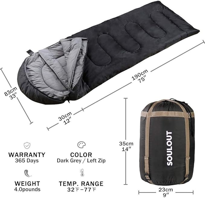 3-4 Season Portable Waterproof Envelope Sleeping Bag for Adults & Kids - For Traveling, Camping, Hiking