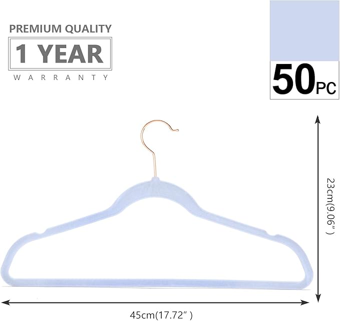 MIZGI Premium Velvet Hangers (50 Pack) Heavy Duty - Non Slip Felt Hangers - Velvet Suit Hanger Light Blue - Rose Gold Hooks,Space Saving Clothes Hanger