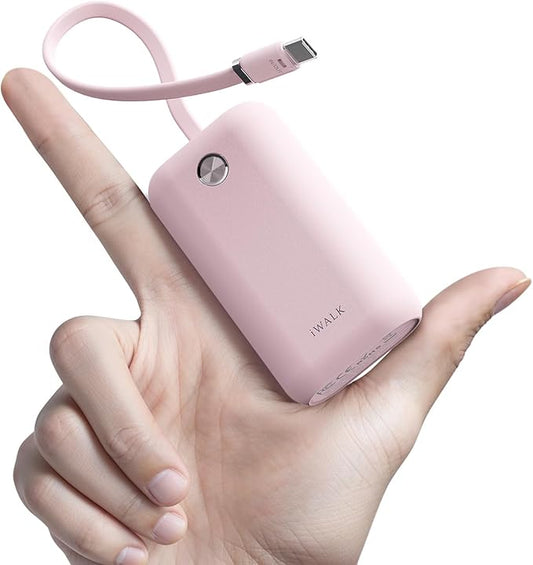 iWALK Mini Portable Charger 10,000mAh, 22.5W USB-C Fast Charging Power Bank with Built-in Cable, Travel Essential Ultra-Small Battery Pack Compatible for iPhone 16/16 Pro/15, Samsung, Google, Pink