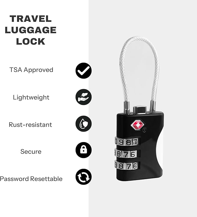 TSA Approved Luggage Locks - Small Combo Travel Padlock with Cable, TSA 007 Suitcase & Backpack Security, Durable & Easy to Use (Black+Blue)