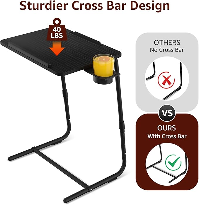 TV Trays Set of 2 - Folding TV Tray Adjustable Dinner Trays for Eating On Couch Wooden Tables Mate Stand Foldable Black Desk with Cup Holder Portable