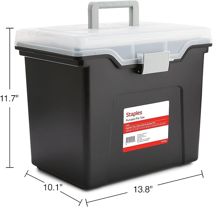 STAPLES File Folder Tote, Portable Filing Box, Letter Size Hanging Folders, Security Latch & Built-In Lid Organizer, Black/Clear