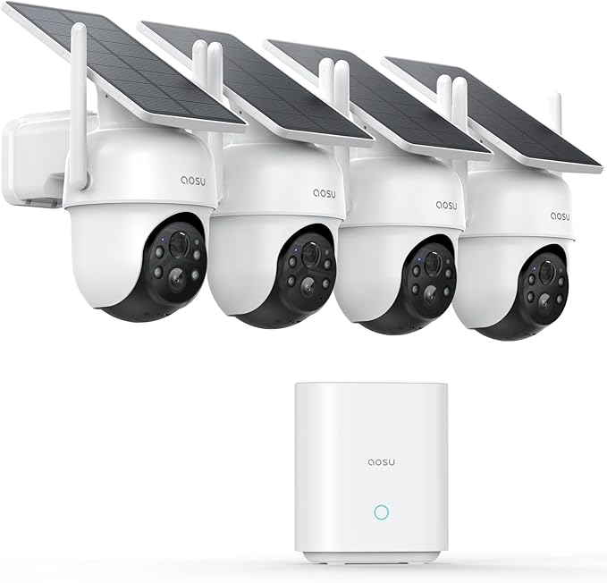 aosu Security Cameras Outdoor Wireless, 4 Cam-Kit, No Subscription, Solar-Powered, Home Security Cameras System with 360° Pan & Tilt, Auto Tracking, 2K Color Night Vision, Easy Setup, 2.4 & 5GHz WiFi
