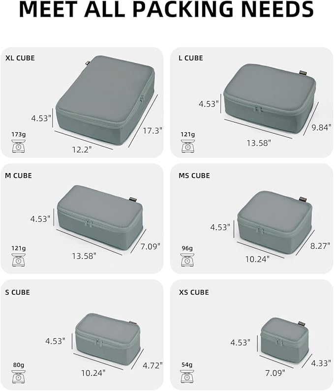 6 Set Compression Packing Cubes for Travel, Large Medium Small Luggage Organizers, Storage Bags for Clothes (6 Pack, Steel Blue)