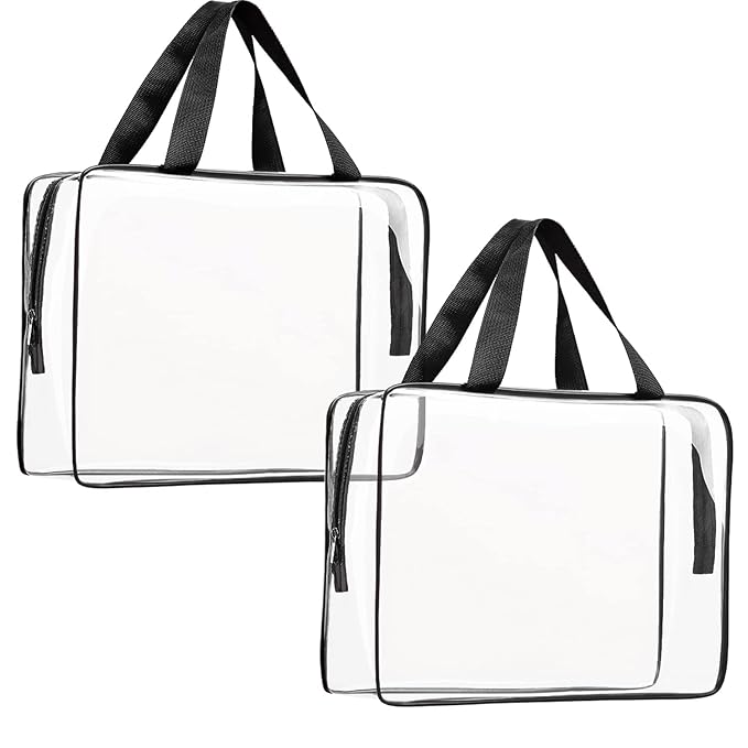 2Pcs Crystal Clear PVC Travel Toiletry Bag Kit for Women Men, Waterproof Vinyl Packing Organizer Storage Bags with Zipper Handle Straps, Cosmetic Pouch Carry on Airport Airline Compliant Bag Handbag