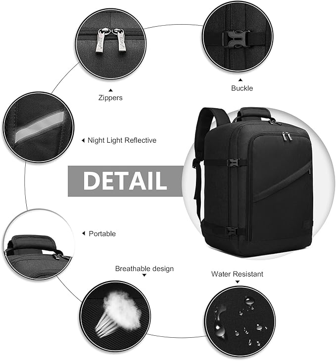Kono Carry on Backpack, 18" Airplane Approved Under Seat Travel Backpack for Men and Women, Waterproof Lightweight Daypack for Flight 30L (Black, Medium)