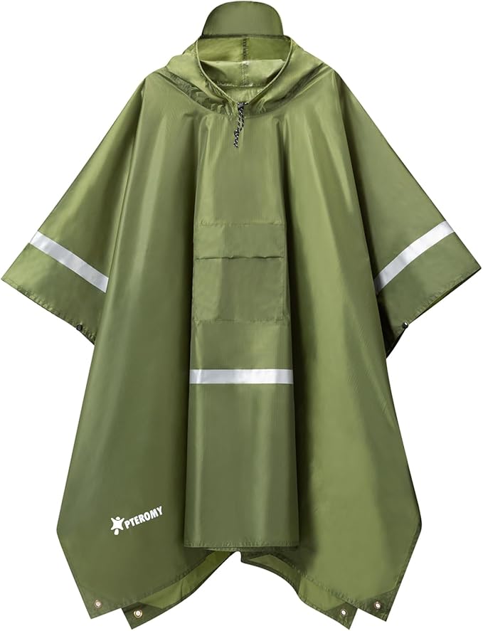 PTEROMY Hooded Rain Poncho for Adult with Pocket, Waterproof Lightweight Unisex Raincoat for Hiking Camping Emergency
