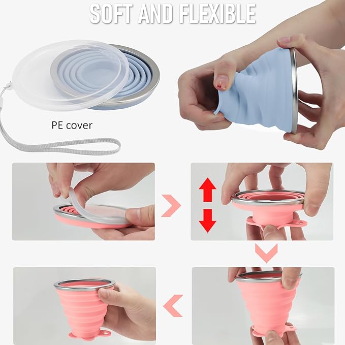 JBER Silicone Collapsible Travel Cup, 4 Pack Silicone Folding Camping Cup with Lids Expandable Drinking Cup for Outdoor Hiking Travel (Olive & Pink & Green & Blue)