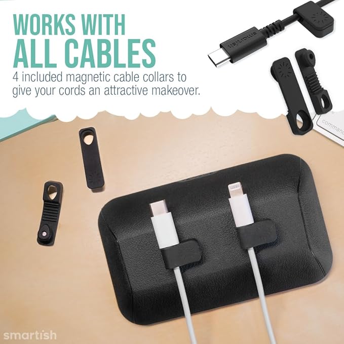 Smartish® Magnetic Cord Holder - Bigger Cable Wrangler Organizer with Magnet Clips for Charger Management on Desktop, Nightstand, or Side Table - Holds 6+ Cables - Black Tie Affair