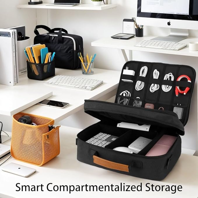 Extra Large Electronics Organizer Travel Case, Cable Organizer Bag with Shoulder Strap, Electronics Accessories Storage Double Layer Bags for Cord, Tablet, Headphone, Charger, Tools, DJ Gifts
