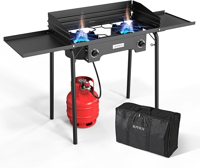 ROVSUN 2 Burner Outdoor Propane Gas Stove with Regulator, Windpanel, Bag & Side Shelves, 150,000 BTU Powerful Stand Cooker for Backyard Cooking Camping Home Brewing Canning Turkey Frying