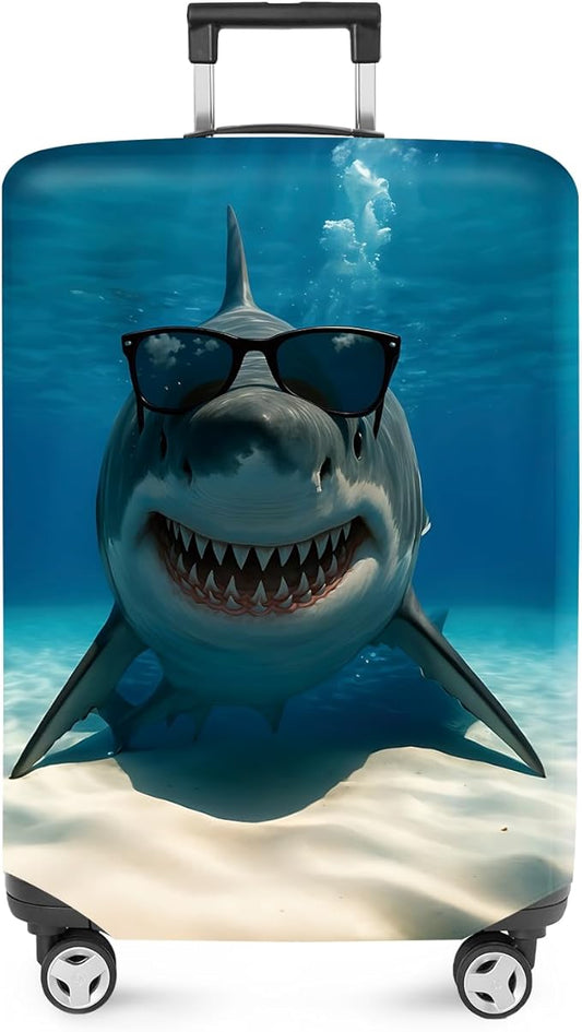 ANNA QUEEN Cool Shark Luggage Cover, Sunglass-Wearing Shark Underwater Design, Stretchable, Washable Travel Protector for 32-34 Inch Luggage