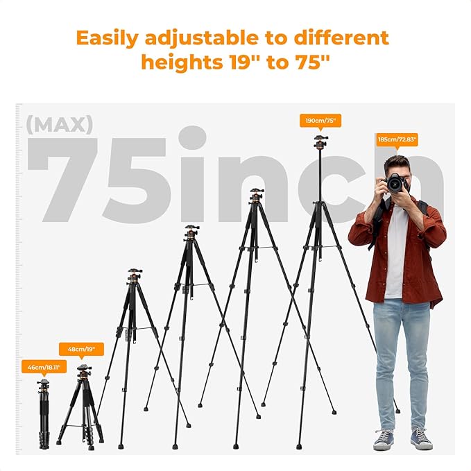 K&F Concept 75 inch/190cm Camera Tripod,Lightweight Travel Outdoor DSLR Tripods with 360 Degree Ball Head Load Capacity 8kg/17.6lbs,Cellphone Clip and Remote Control for Smartphone S255A3+BH-36