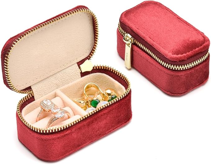 Small Travel Jewelry Case, Mini Tiny Plush Velvet Jewelry Box for Women and Girls, Pocket Size Jewelry holder organizer for Rings Earrings and Small Items(Burgundy)