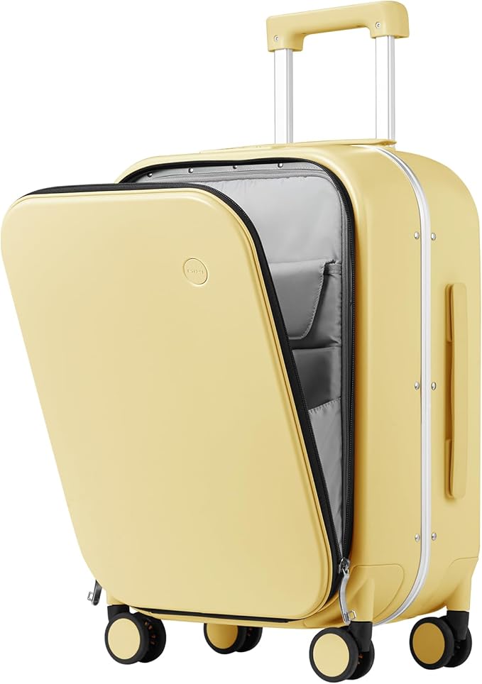 mixi Luggage Suitcase with Spinner Wheels, 24'' Checked Travel Luggage Aluminum Frame PC Hardside with TSA Lock & Cover - Lark Yellow