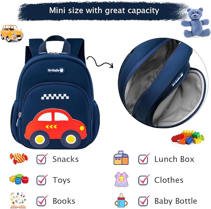 Padgene Toddler Harness Backpacks Safety Leash Kids Anti Lost Kindergarten Preschool Backpack Neoprene Lightweight Animal Schoolbag 3D Cartoon Car Mini Travel Bag for Boys Girls Ages 3-5