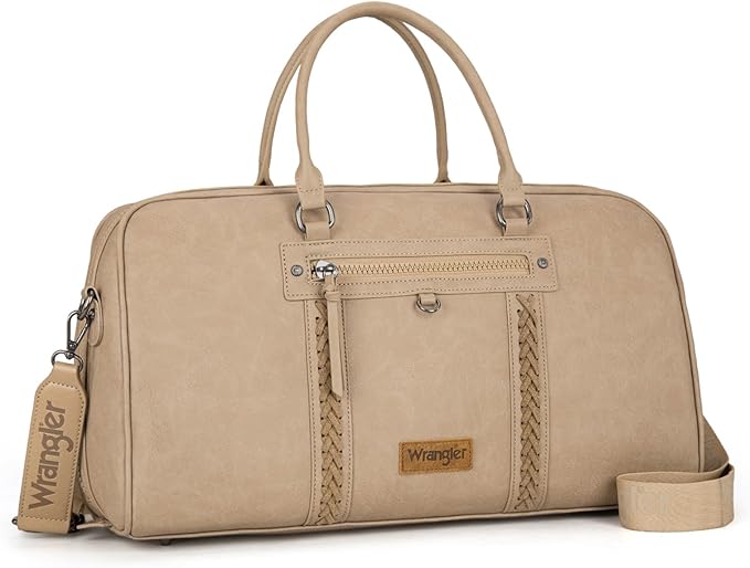 Wrangler Travel Duffel Bag Large Weekender Bag for Women Designer Carry on Overnight Bag for Trips Leather Luggage Bag Khaki