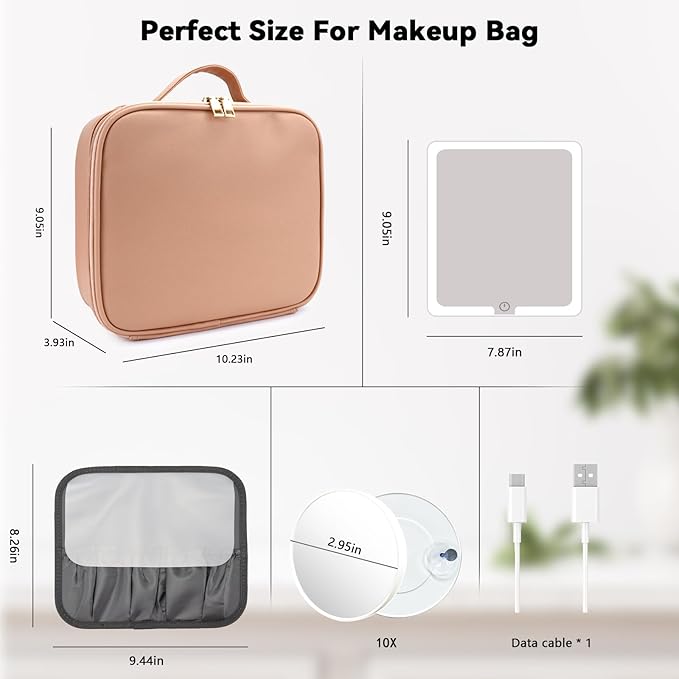 Travel Makeup Bag with LED Mirror and 10x magnifying glass with 3 Lighted Settings, Adjustable Dividers and Makeup Brush Storage Bag Khaki