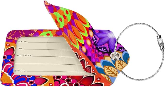 Colorful Mandala Style Luggage Tags Bright Red Bag Tag with Full Back Privacy Cover Name ID Card Stainless Steel Loop Suitcase Labels Address Card PU Leather Baggage Tags Luggage for Travel, 2 Pcs