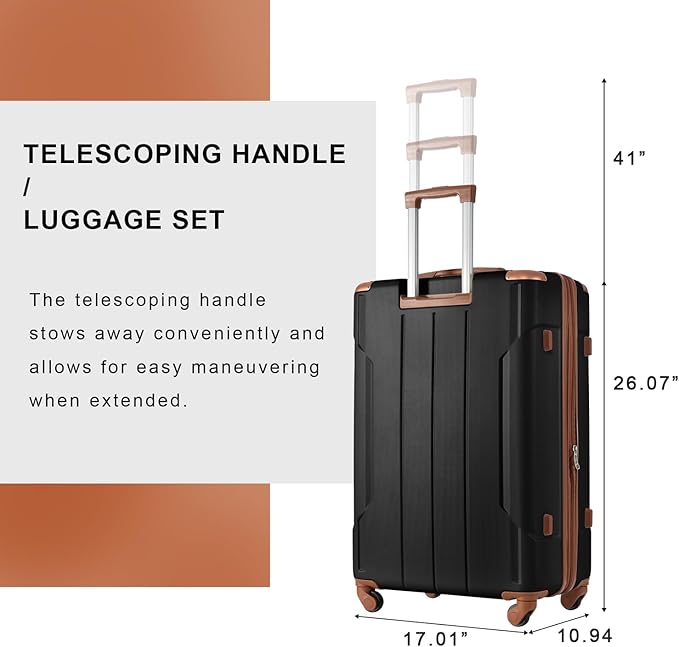 Merax Luggage Set 3 Piece Expandable Lightweight Spinner Suitcase with Corner Guards (Black brown, 20/24/28)
