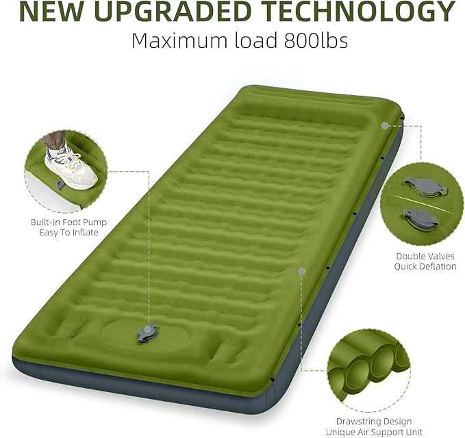 Camping Sleeping Pad, Extra Thick 5 Inch Camping Mat with Pillow Built-in Foot Pump Inflatable Sleeping Pads Compact for Camping Backpacking Hiking Traveling Tent（Military Yellow）