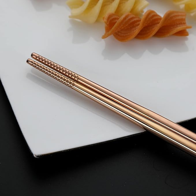 DEVICO Camping Utensils, Portable Travel Utensils with Case, Stainless Steel Reusable Silverware for Lunch Adult, 5Pcs Cutlery Set Includes Knife Spoon Fork Chopsticks and Case (Rose Gold)