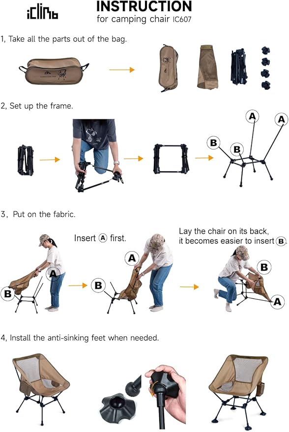 iClimb Ultralight Compact Camping Folding Beach Chair with Anti-Sinking Large Feet