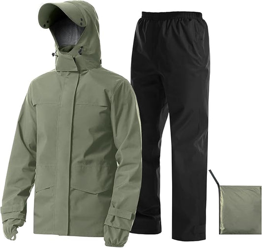 iCreek Rain Suit Waterproof Jacket with Pants 2 Pieces Breathable Lightweight Packable Raincoat with Hooded Rain Gear Unisex