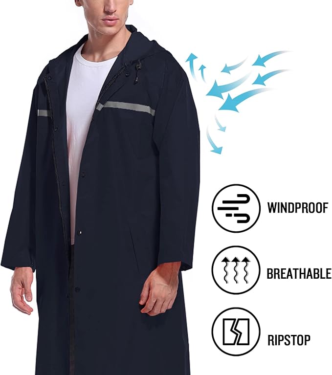 Mens Long Hooded Safety Rain Jacket Waterproof Emergency Raincoat Poncho