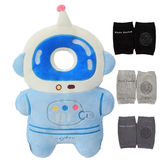 Feidoog Baby Head Protection Backpack with 3 Baby Knee Pads - Soft & Lightweight Head Protection for Walking and Crawling,Blue White Astronauts