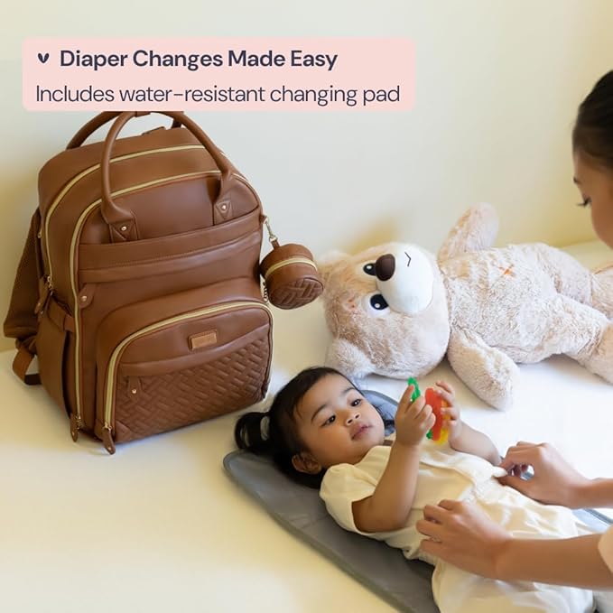 BabbleRoo Leather Diaper Bag Backpack - Baby Essentials Travel Baby Bag, Multi function, Water Resistant, with Changing Pad, Stroller Straps & Pacifier Case – Unisex, Natural Brown