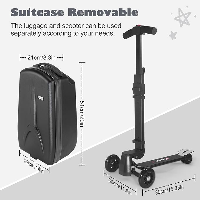 iubest Scooter Luggage Carry On Scooter Suitcase for Kids Age 4-15, Detachable & Foldable 4 in 1 Kids Suitcase, Multifunctional Ride On Travel Trolley Scooter Combo-Black