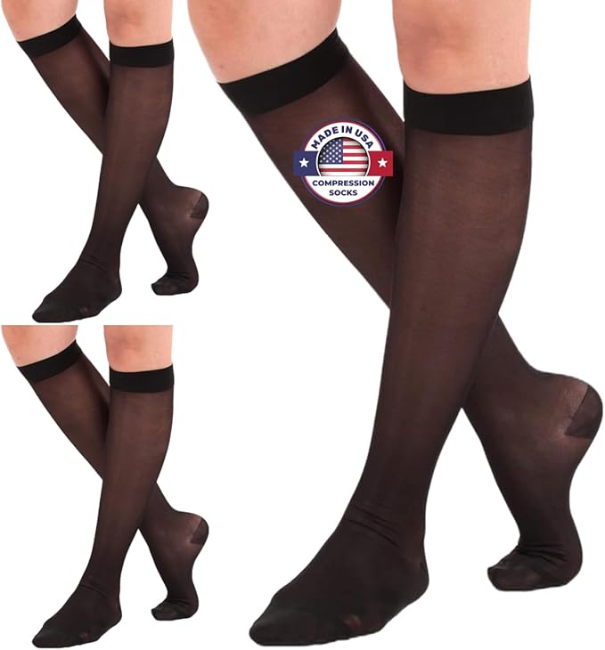(3 Pairs - Closed Toe) Made in USA - Plus Size Compression Stockings for Women 15-20mmHg - Womens Sheer Compression Knee High for Varicose Veins, Swelling, Pain Relief - Black, 2X-Large - A101BL5-3