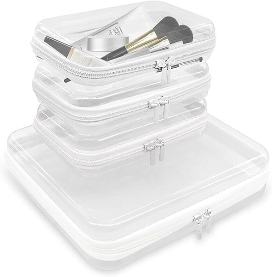 4PCS Clear Hard Zipper Case - Portable Organizer Pouches, Waterproof Plastic Cosmetic Bag,Travel Organizer Box for Cable, Make up Tools and Toiletries（White）