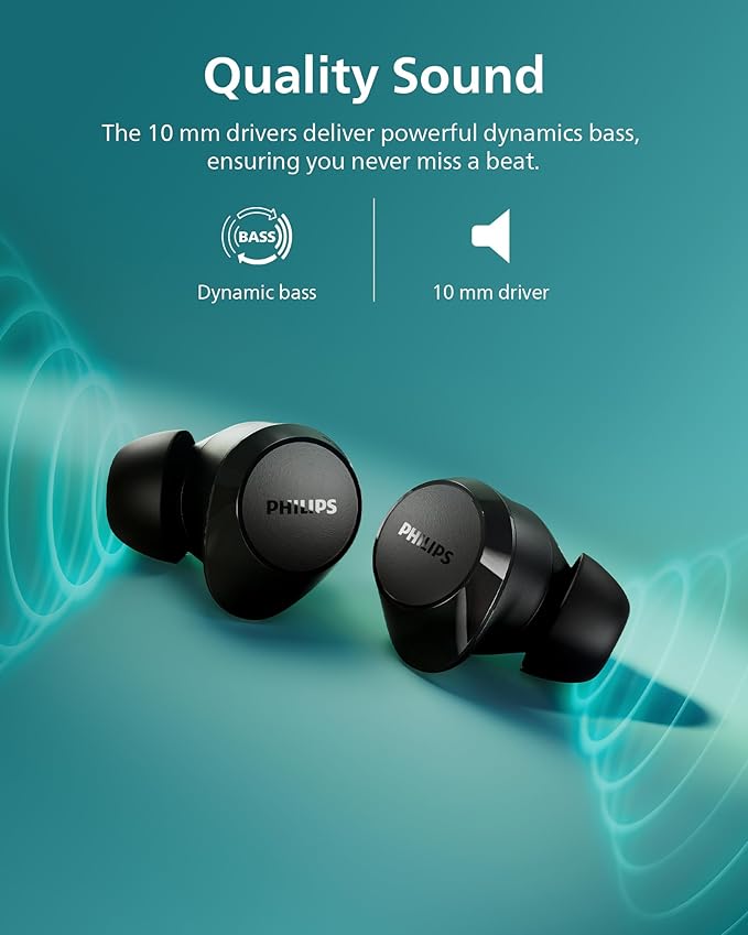 PHILIPS TAT1219 Wireless Earbuds,True Wireless Headphones,Powerful Bass with 10 mm Driver,Clear Call Quality with AI Mic,18 H Battery Life,Bluetooth 5.3,IPX4 Rating,Ergonomic Design for Comfort,Black