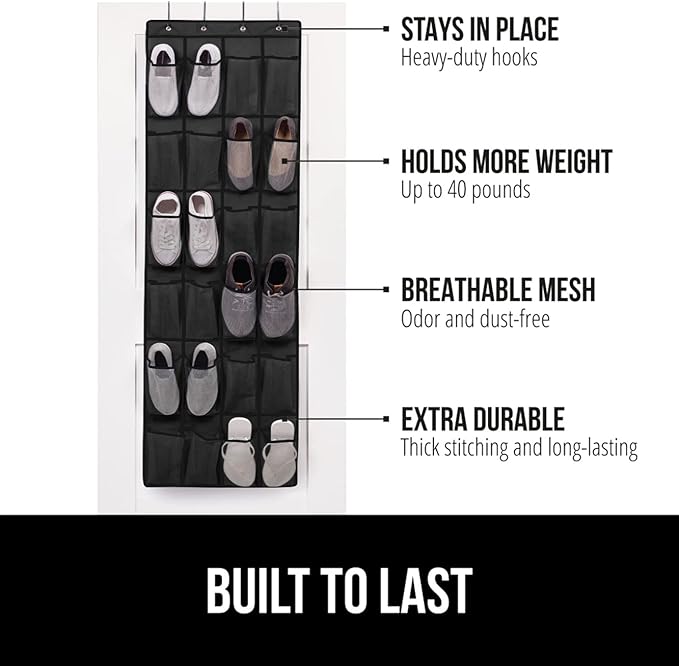 GORILLA GRIP Over the Door Shoe Organizer, 24 Large Breathable Mesh Pockets, Space Saving Hanging Storage Holder, Closet Rack Hanger Holds Up to 40 lbs, Hangs on Closets for Shoes, Accessories, Black