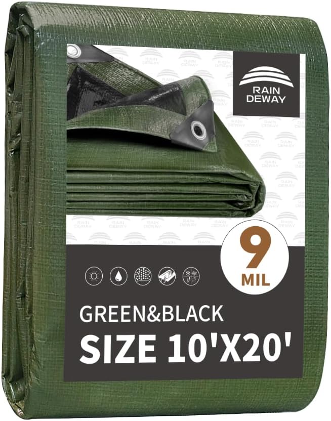 10x20 Feet Tarp Waterproof,9Mil Thick,Finished Size Tarps,UV Resistant,Durable,Multipurpose Poly Tarp Cover with Metal Grommets and Reinforced Edges,Green/Black by RAINDEWAY