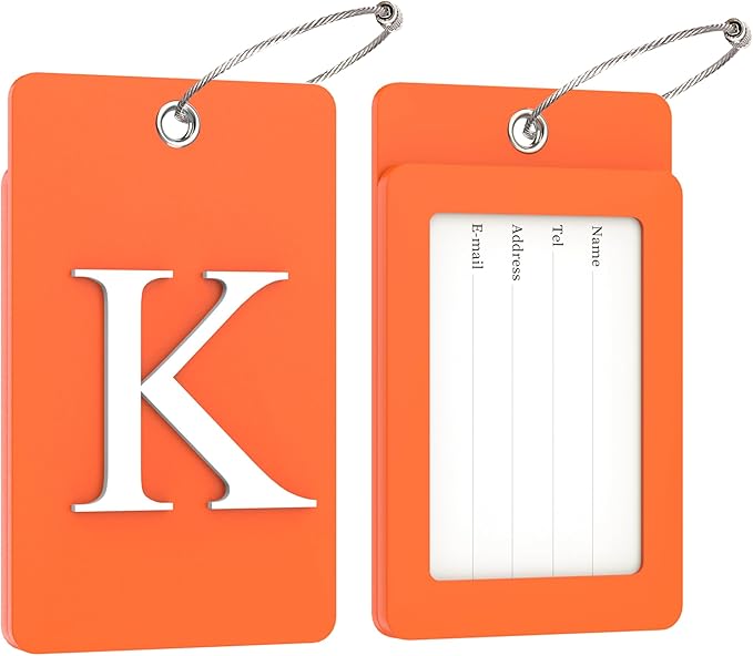 Gostwo 2 Pack Luggage Tags for Suitcases, 26 Initial Letter Travel Luggage Baggage Identification Labels ID Tag Fully Bendable Tags with Stainless Steel Loop (Orange) (Letter K)