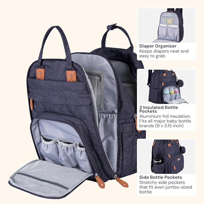 BabbleRoo Extra Large Diaper Bag Backpack, Expandable Baby Bag with Up to 50% More Capacity - Travel Essentials Baby Bag Tote with Changing Pad, Stroller Straps & Pacifier Case - Unisex, Denim Blue